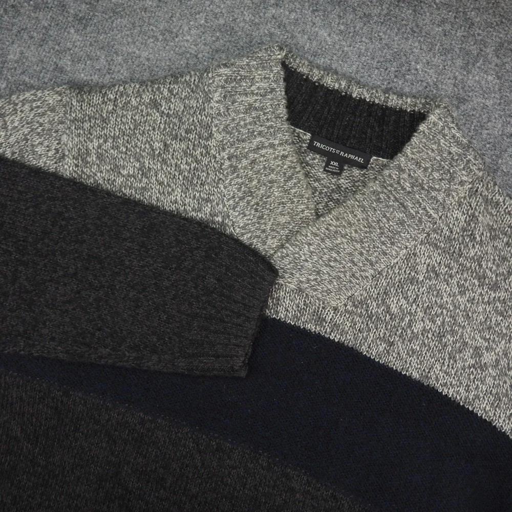 Tricots St Raphael Sweater Mens 2XL Colorblock Gray Blue Shawl Neck Grandpa Core